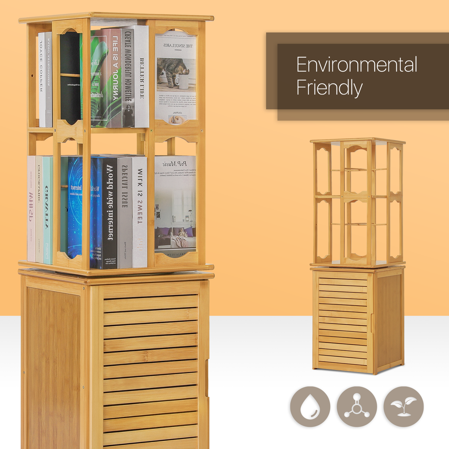 360°Swivel Bookshelf - Oval Hollow Pattern - with Bottom Cabinet Storage - 15" - Natural