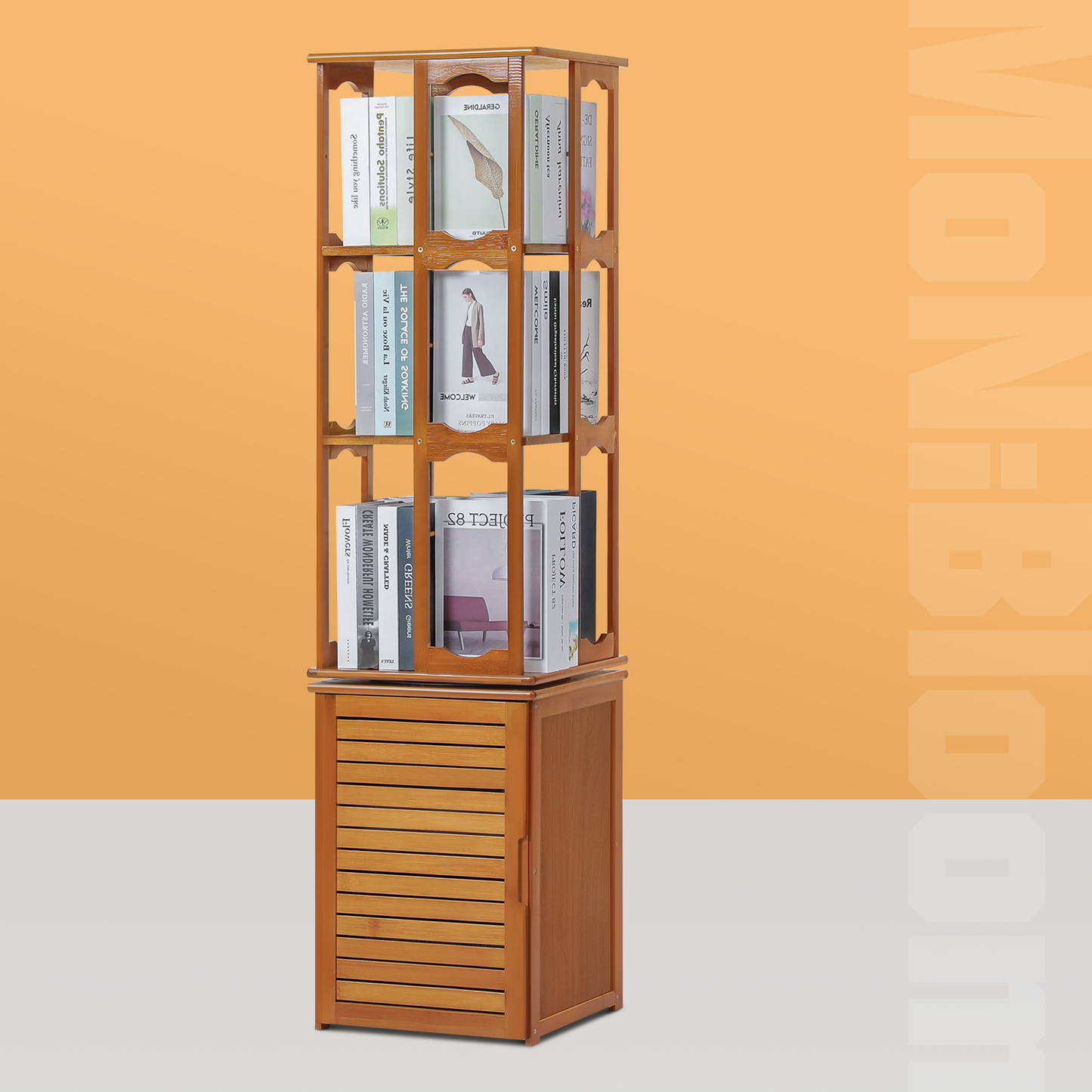 360° Swivel Bookshelf - Oval Hollow Pattern - with Bottom Cabinet Storage - 15" - Brown