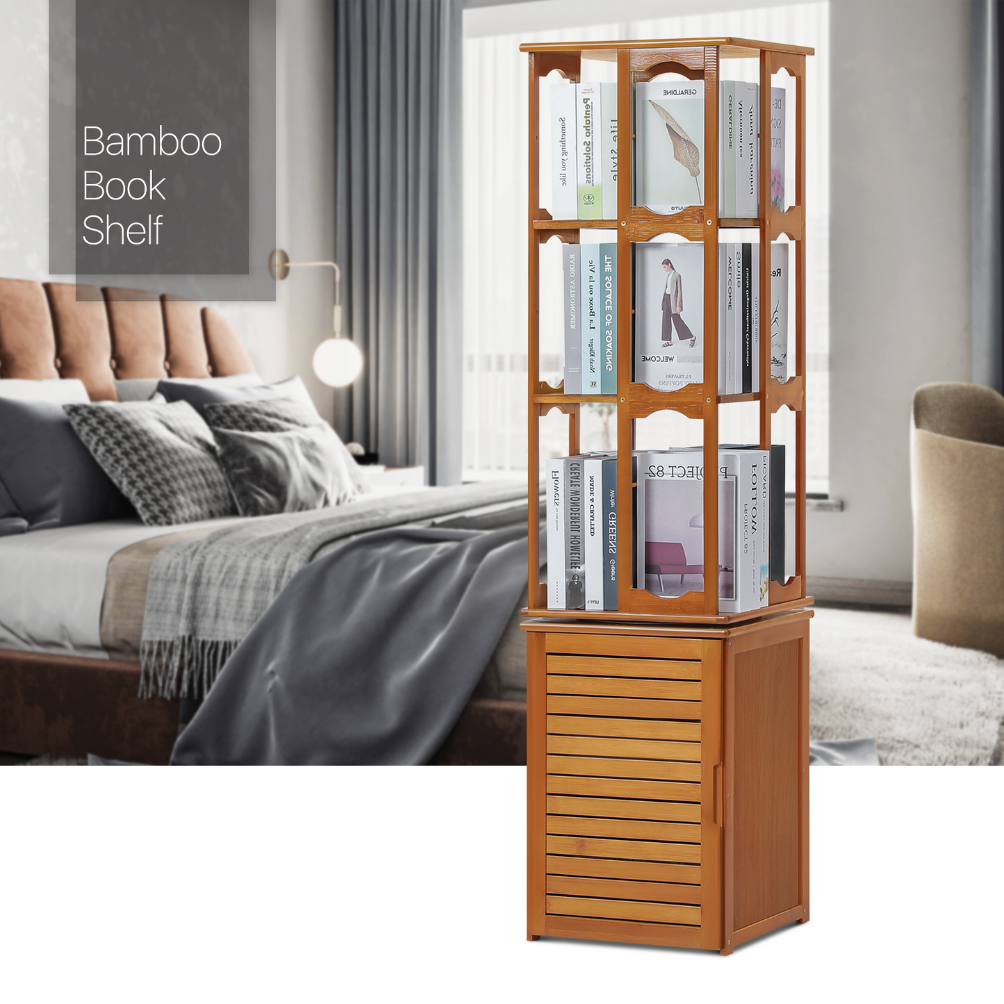 360° Swivel Bookshelf - Oval Hollow Pattern - with Bottom Cabinet Storage - 15" - Brown
