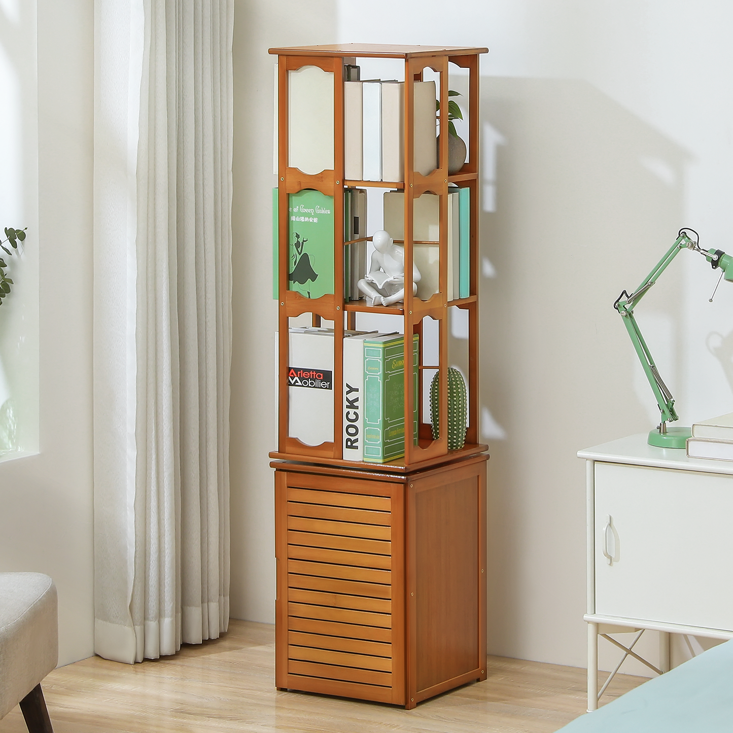 360° Swivel Bookshelf - Oval Hollow Pattern - with Bottom Cabinet Storage - 15" - Brown