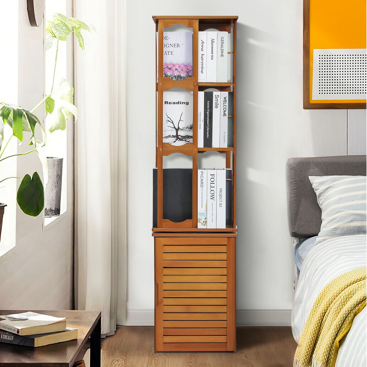 360° Swivel Bookshelf - Oval Hollow Pattern - with Bottom Cabinet Storage - 15" - Brown