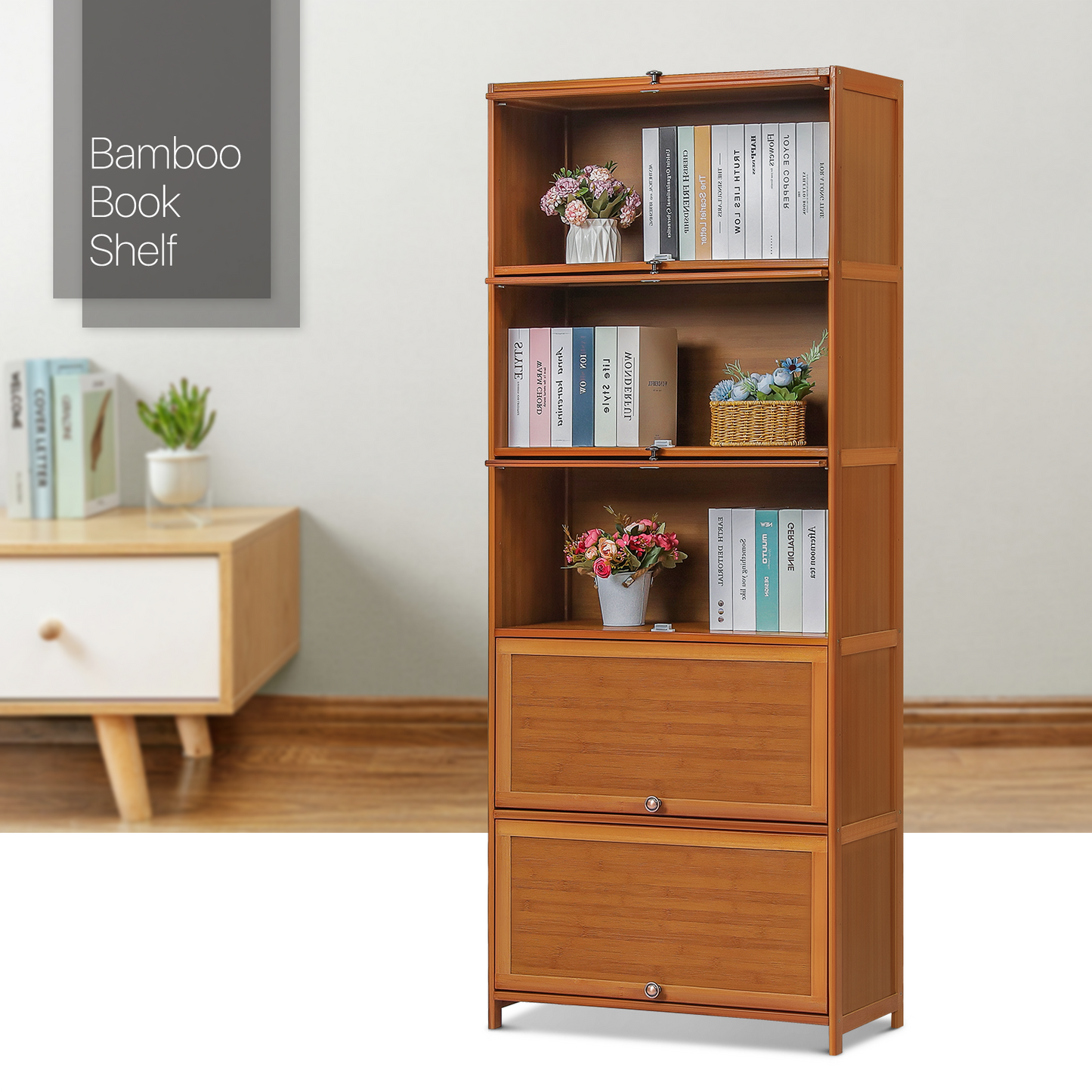 Slide Up Door Multi-Functional Storage Cabinet - 5 Tier - Brown