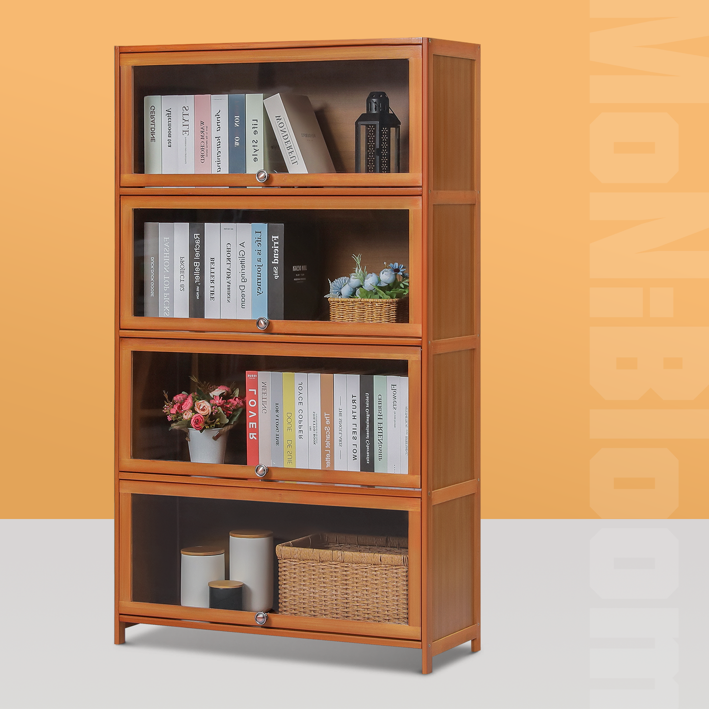 Slide Up Acrylic Panel Door Multi-Functional Storage Cabinet - 4 Tier - Brown