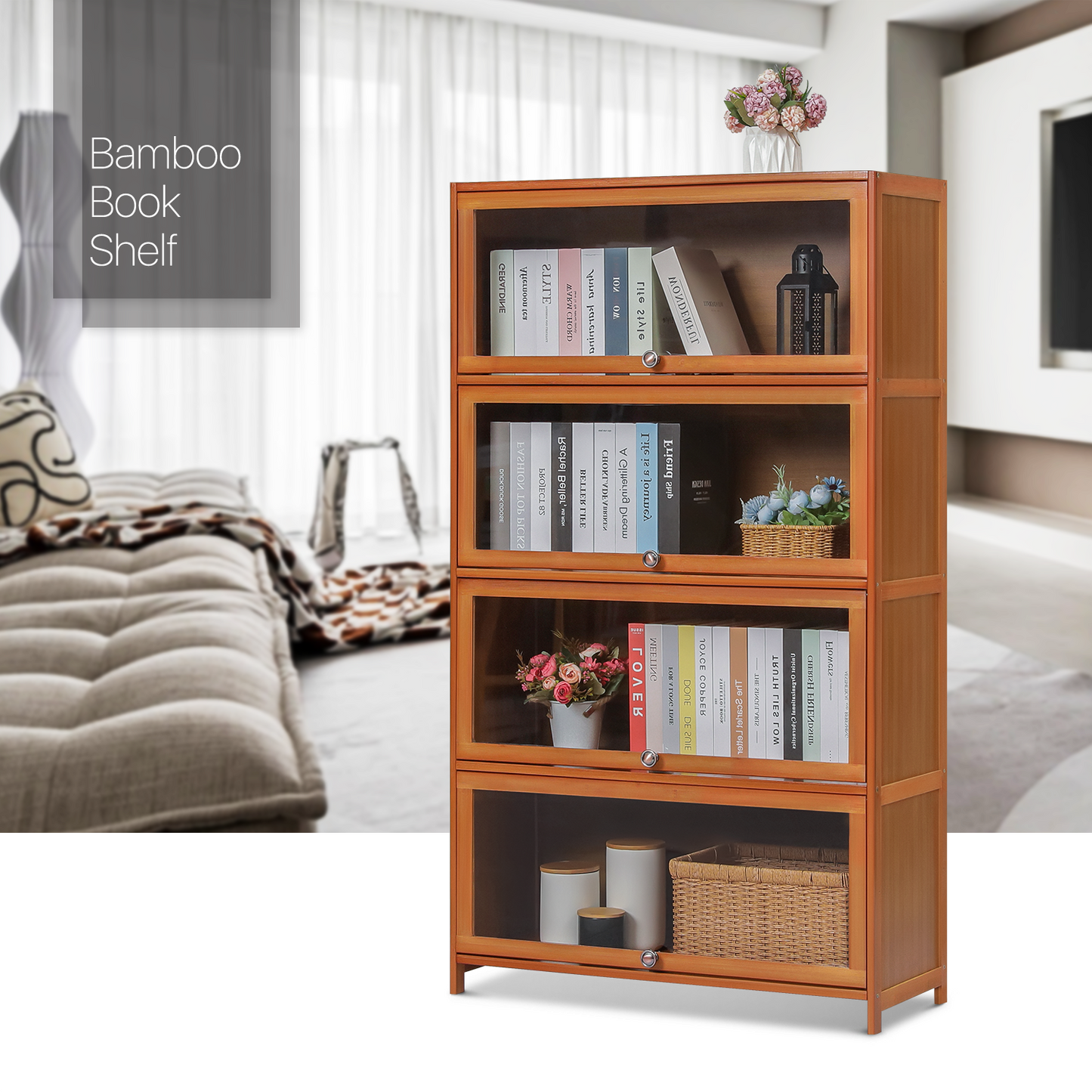 Slide Up Acrylic Panel Door Multi-Functional Storage Cabinet - 4 Tier - Brown