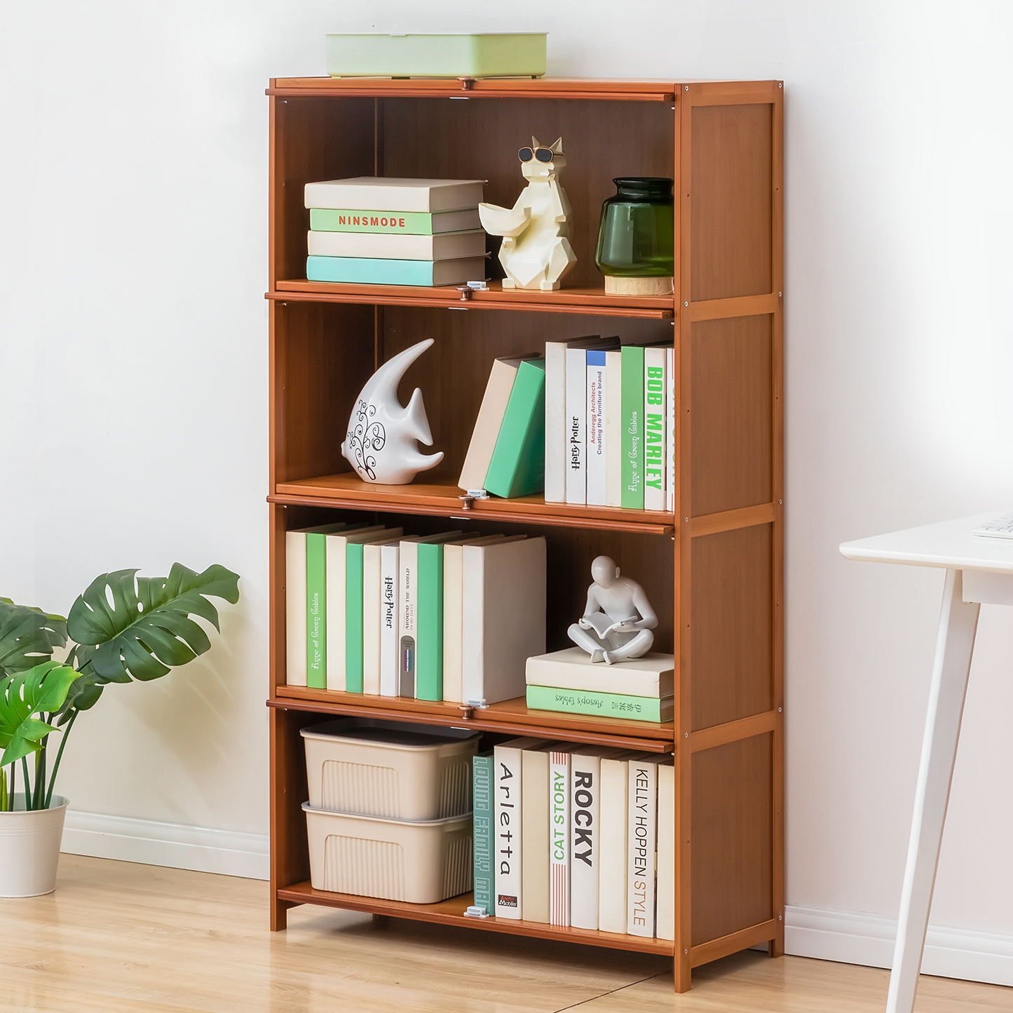 Slide Up Acrylic Panel Door Multi-Functional Storage Cabinet - 4 Tier - Brown