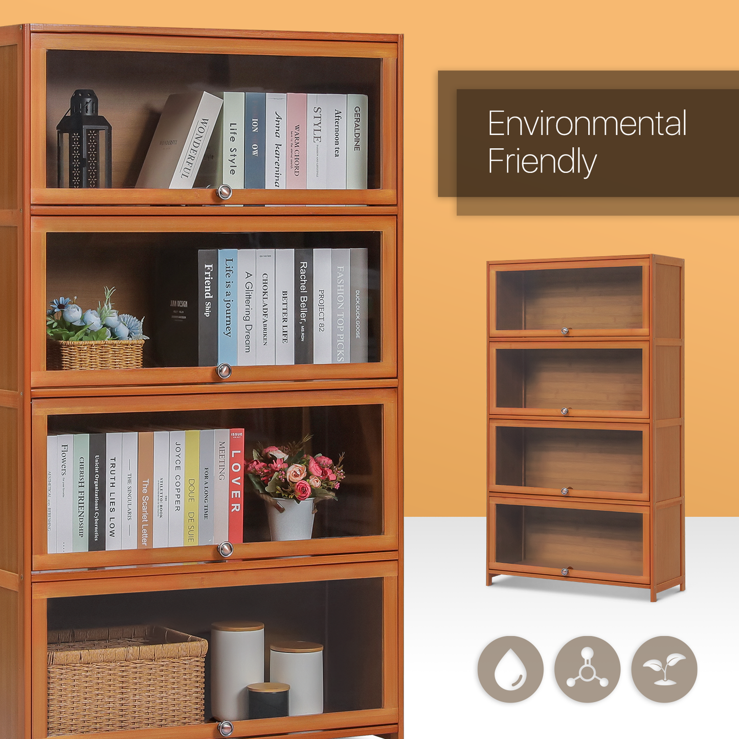 Slide Up Acrylic Panel Door Multi-Functional Storage Cabinet - 4 Tier - Brown