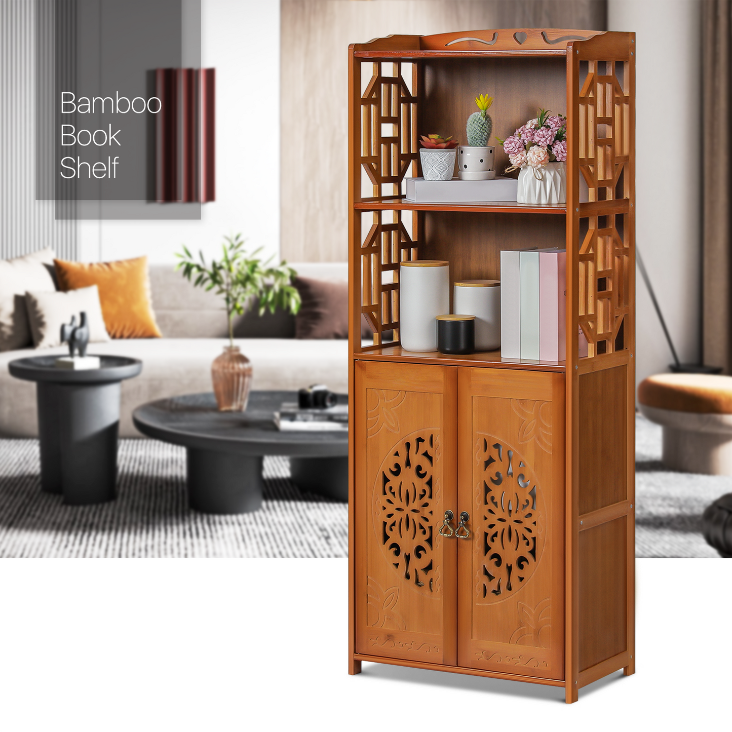 Oriental Multi-Functional Storage - with Engraved Cabinet Door - 4 Tier