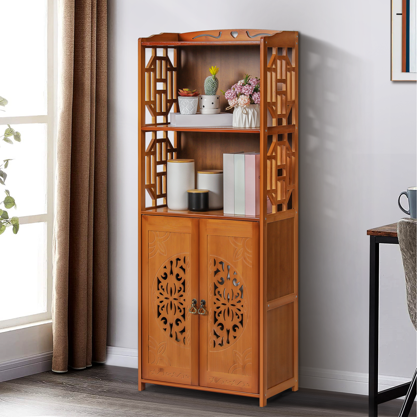 Oriental Multi-Functional Storage - with Engraved Cabinet Door - 4 Tier