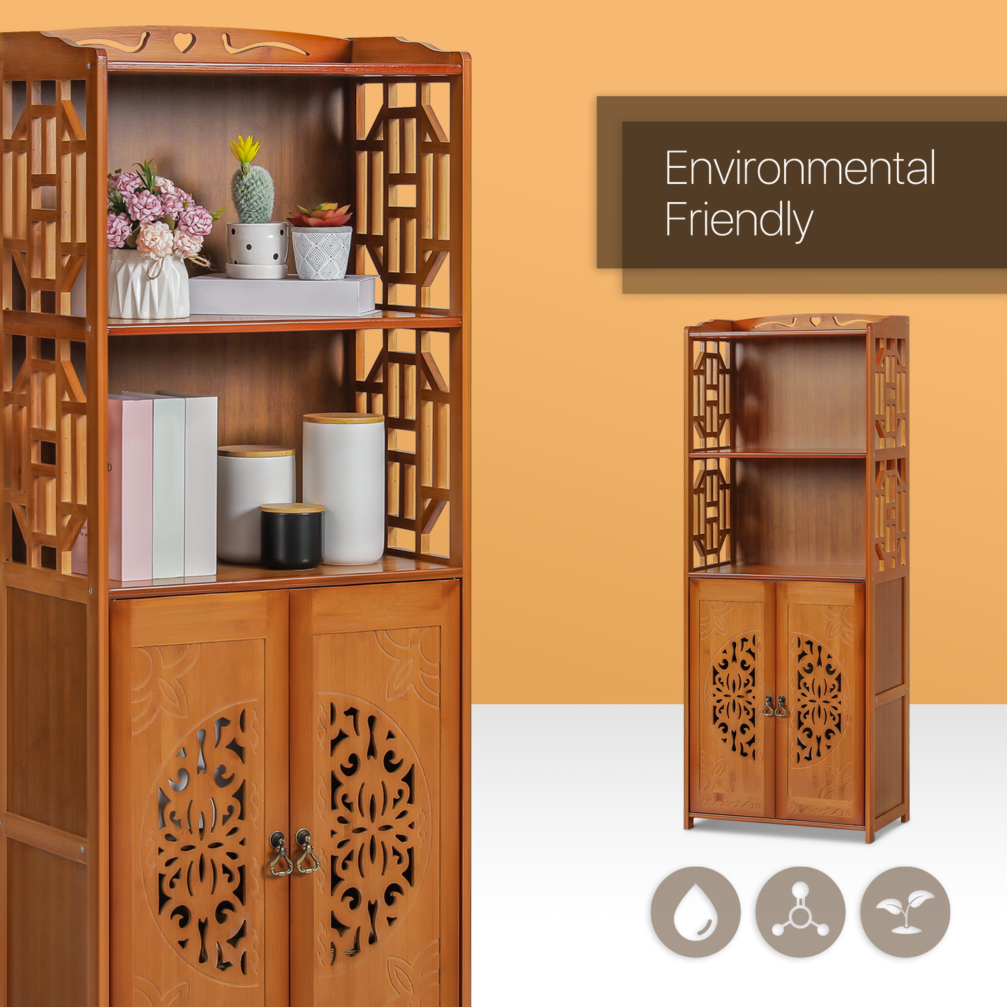 Oriental Multi-Functional Storage - with Engraved Cabinet Door - 4 Tier