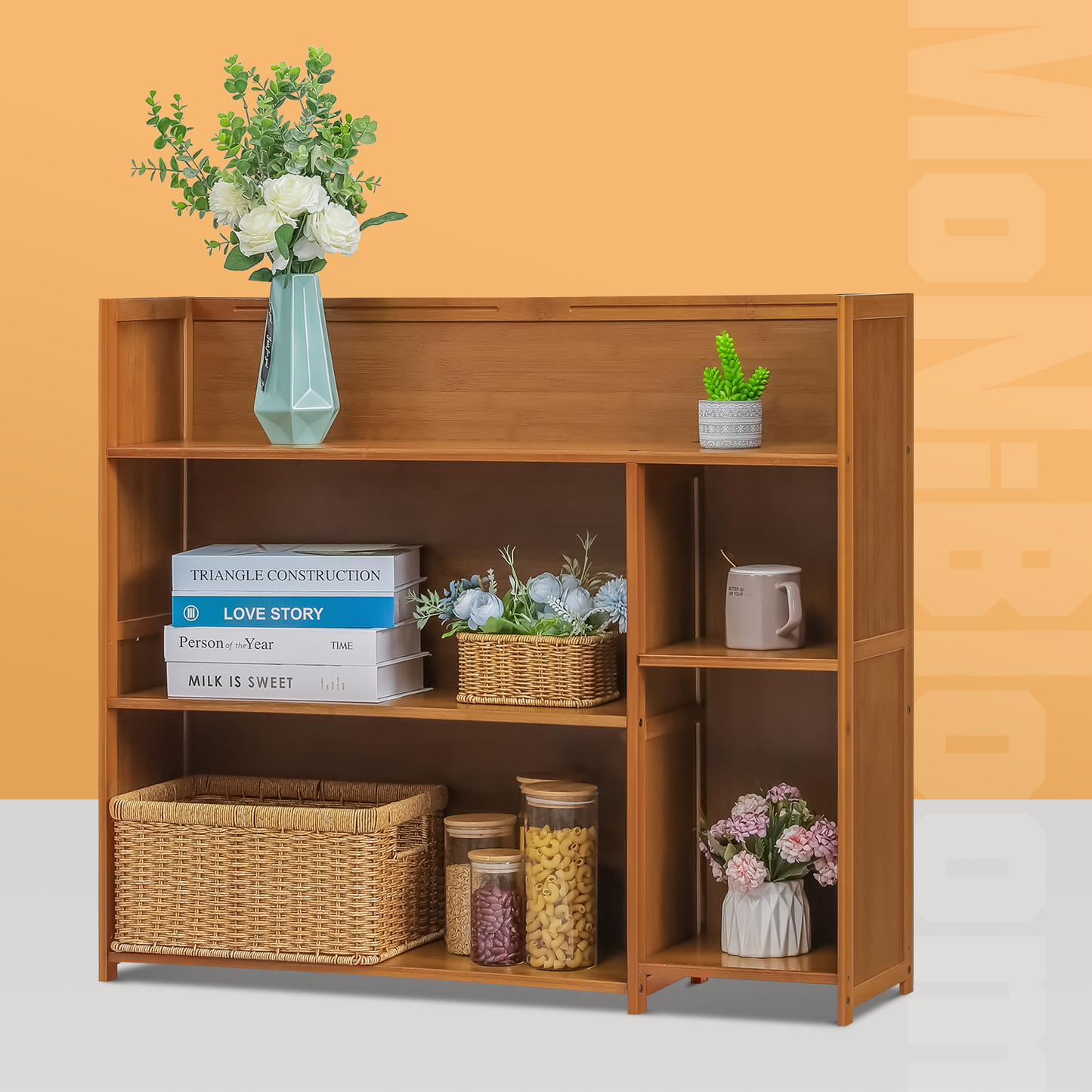 Multi-Functional Storage Organizer Shelf - Open Top - with Compartment Panel - 3 Tier - Brown