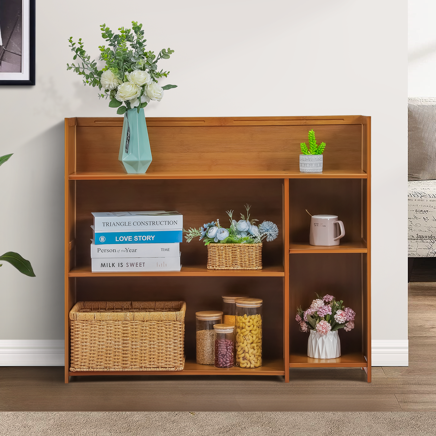Multi-Functional Storage Organizer Shelf - Open Top - with Compartment Panel - 3 Tier - Brown