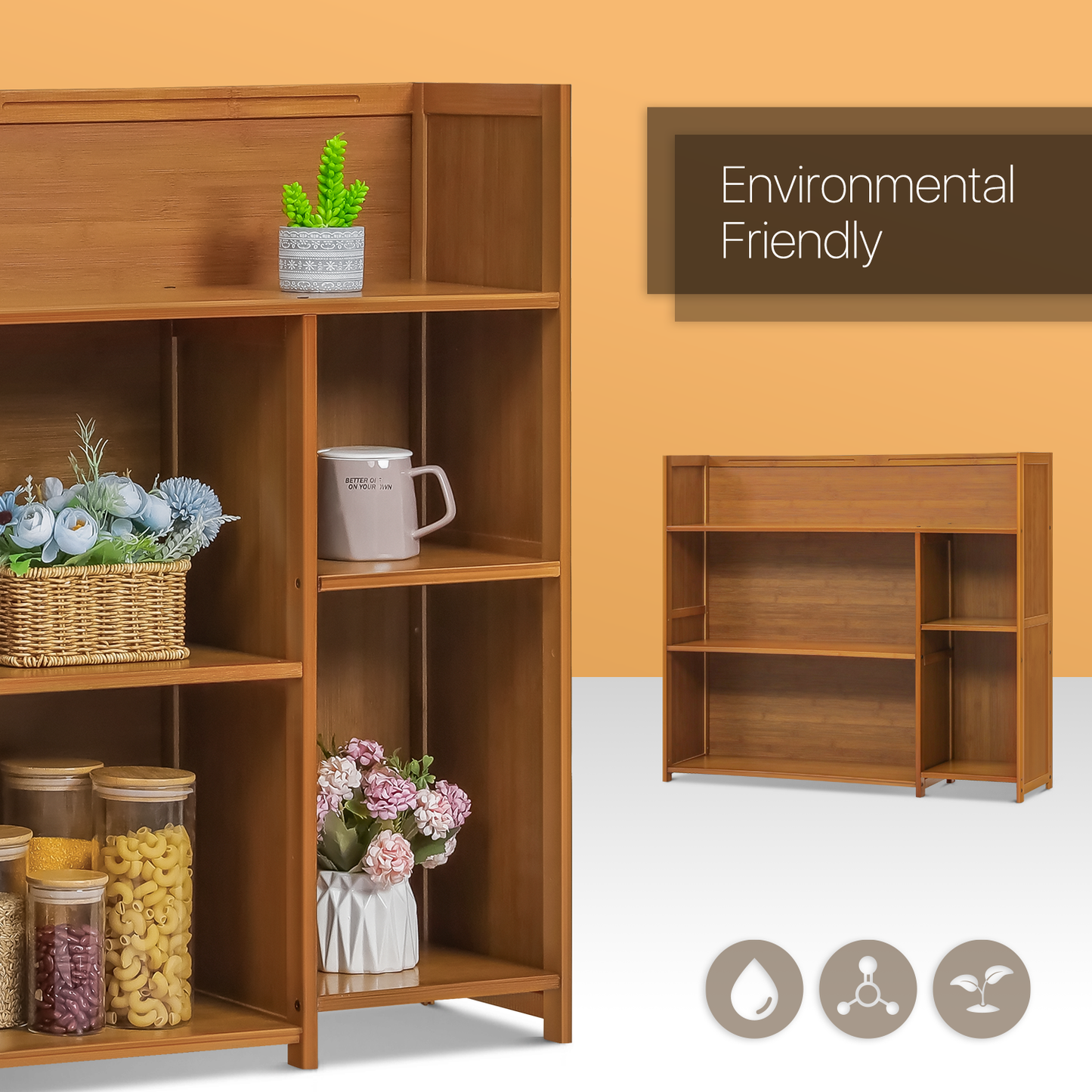 Multi-Functional Storage Organizer Shelf - Open Top - with Compartment Panel - 3 Tier - Brown
