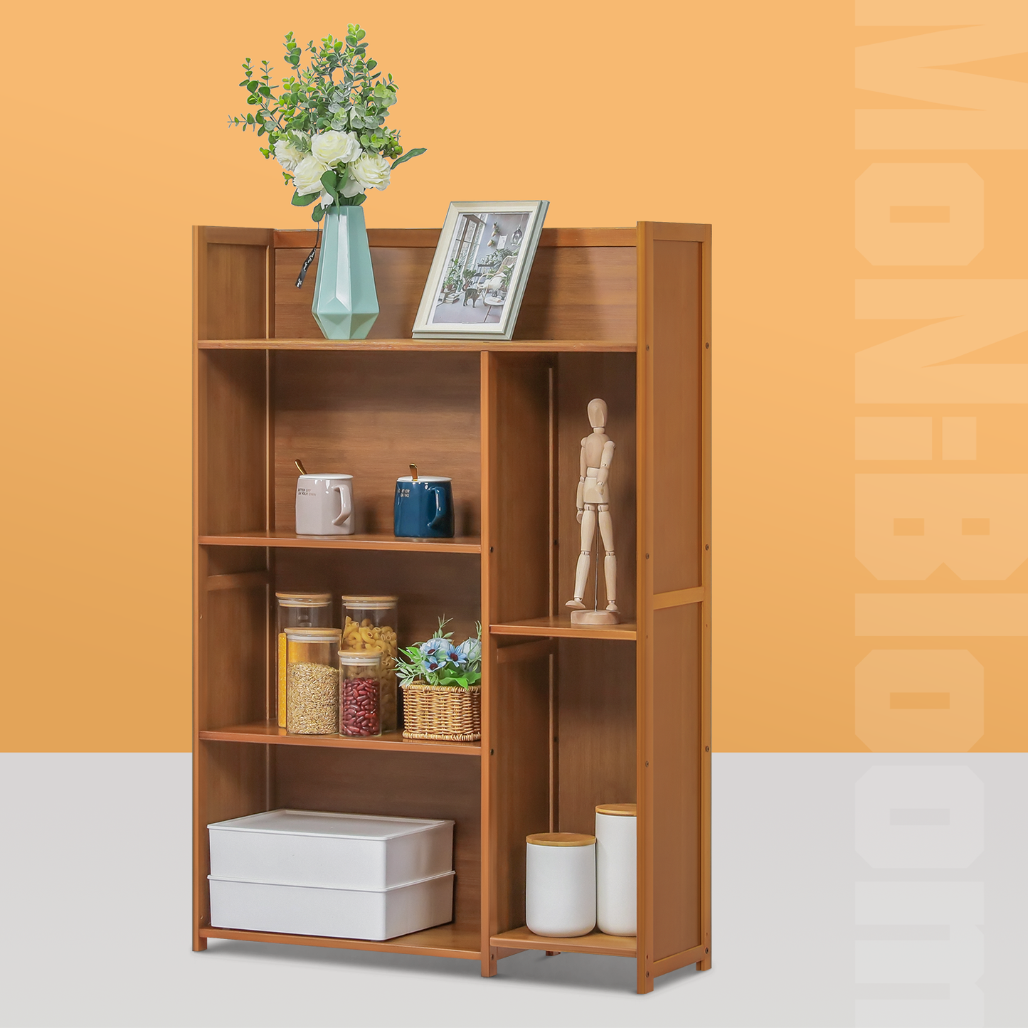 Multi-Functional Storage Organizer Shelf - Open Top - with Compartment Panel - 4 Tier - Brown