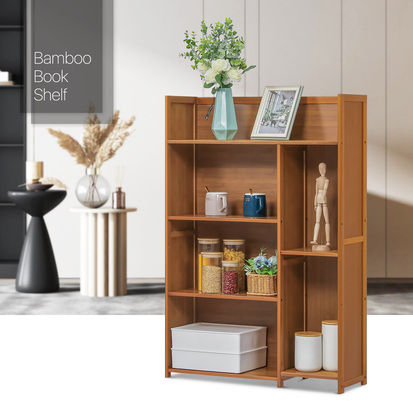 Multi-Functional Storage Organizer Shelf - Open Top - with Compartment Panel - 4 Tier - Brown