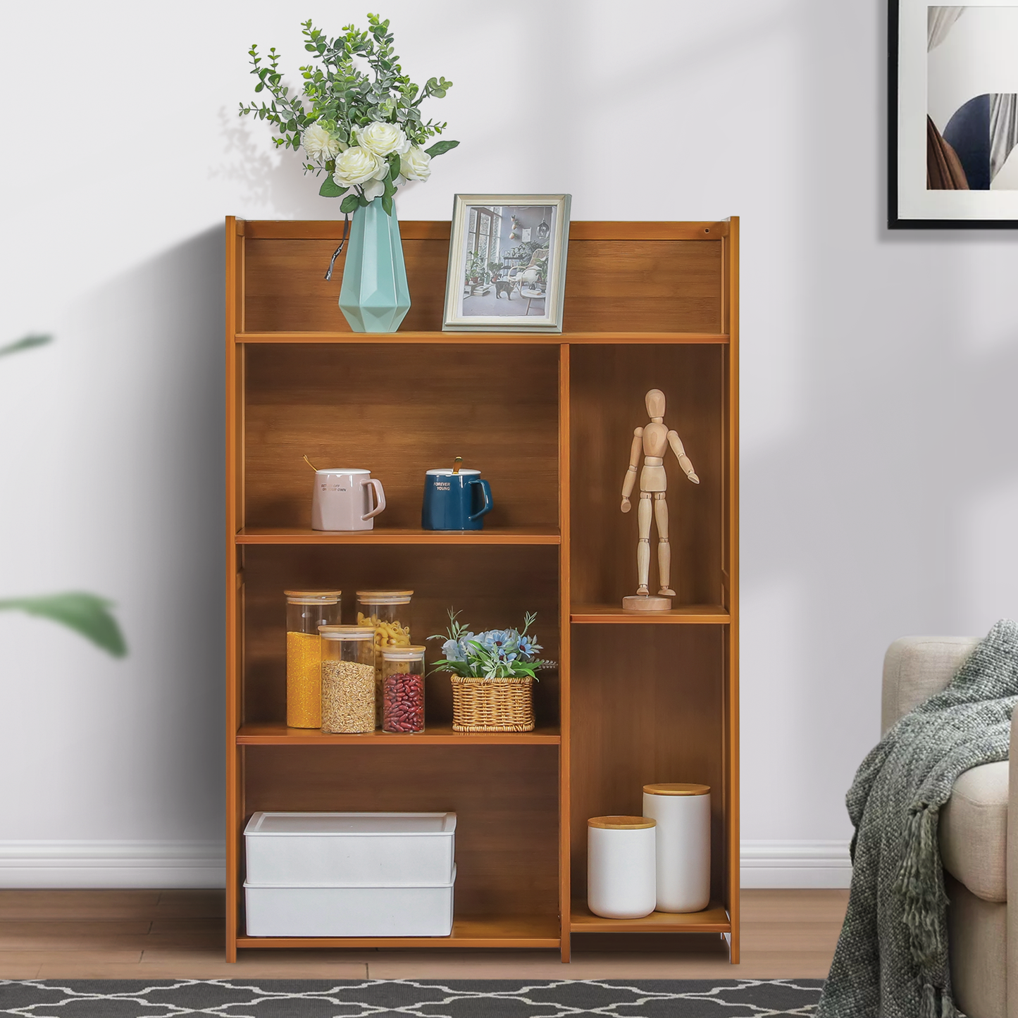 Multi-Functional Storage Organizer Shelf - Open Top - with Compartment Panel - 4 Tier - Brown