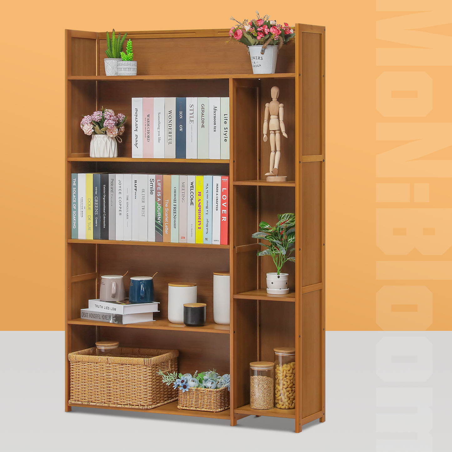 Multi-Functional Storage Organizer Shelf - Open Top - with Compartment Panel - 5 Tier - Brown