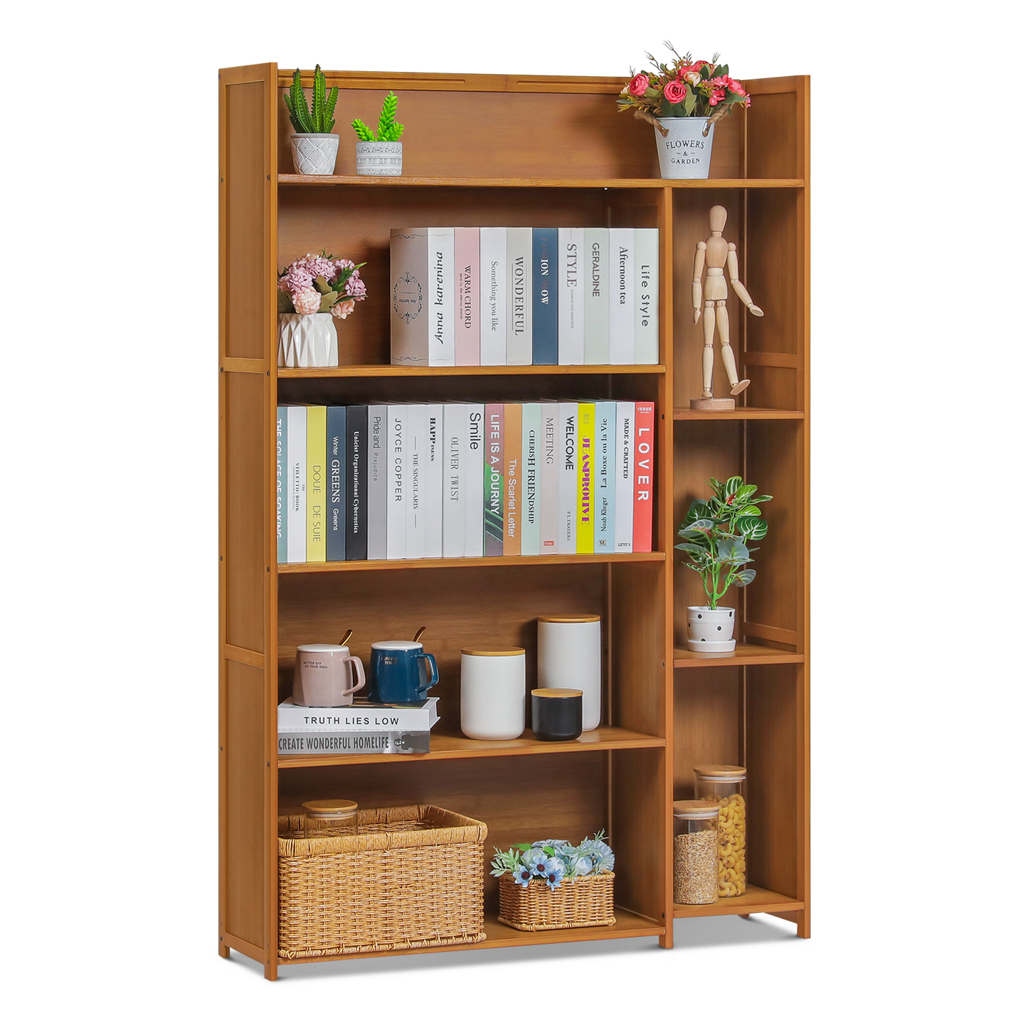 Multi-Functional Storage Organizer Shelf - Open Top - with Compartment Panel - 5 Tier - Brown