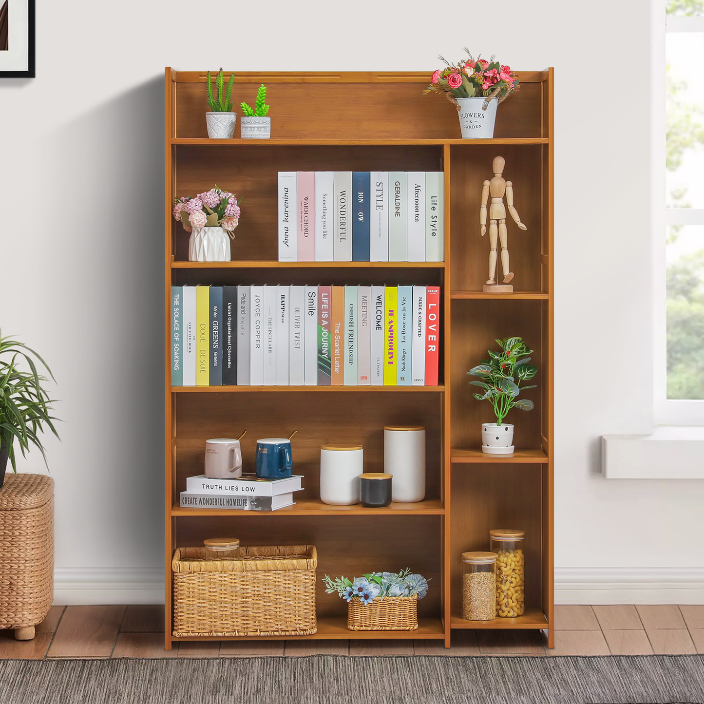 Multi-Functional Storage Organizer Shelf - Open Top - with Compartment Panel - 5 Tier - Brown