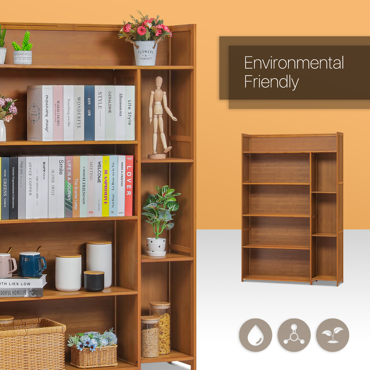 Multi-Functional Storage Organizer Shelf - Open Top - with Compartment Panel - 5 Tier - Brown