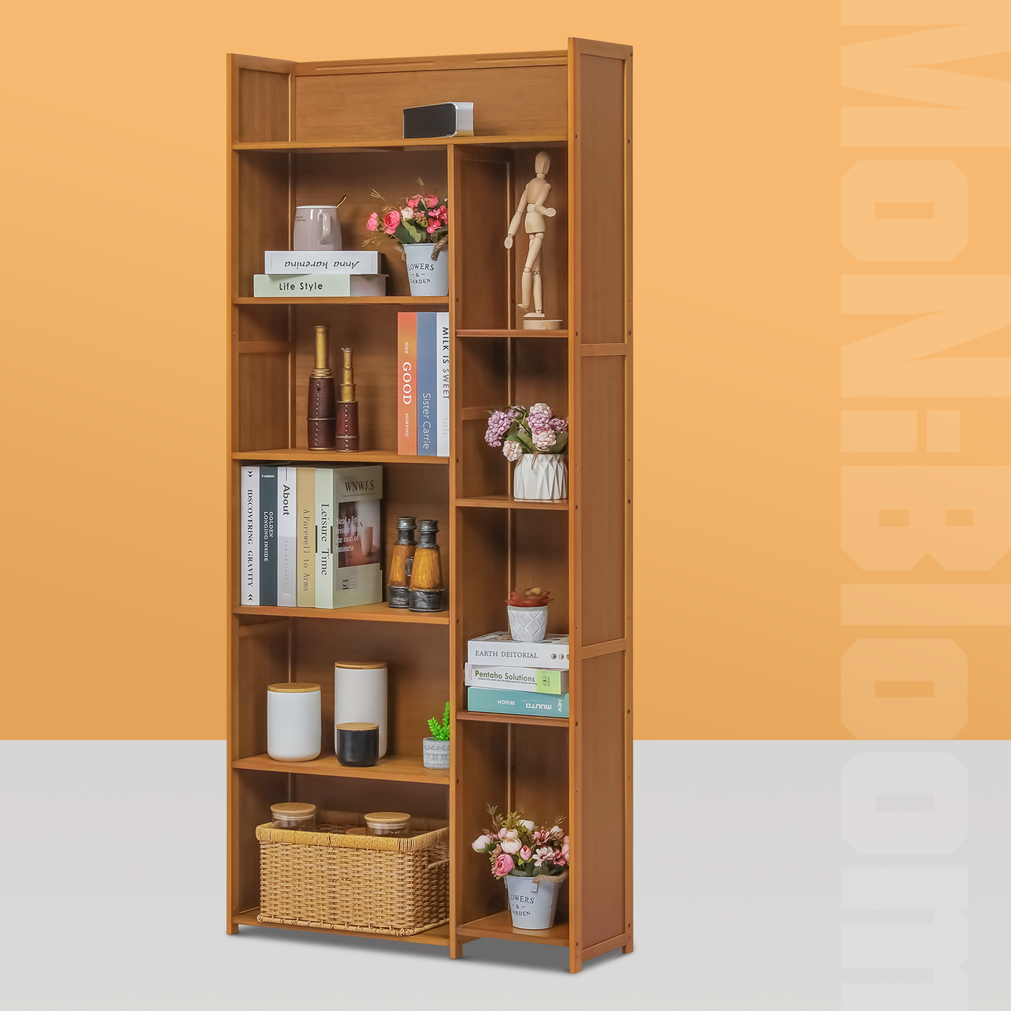 Multi-Functional Storage Organizer Shelf - Open Top - with Compartment Panel - 6 Tier - Brown