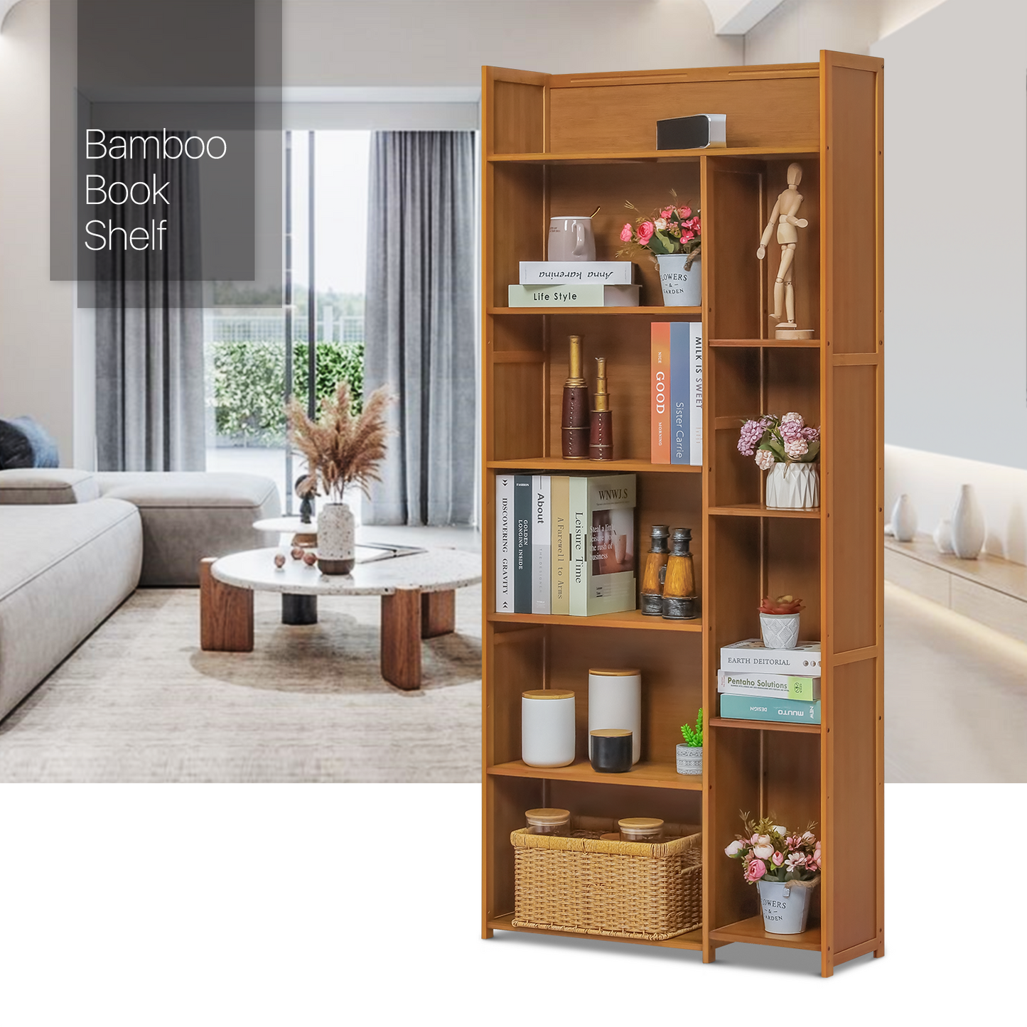 Multi-Functional Storage Organizer Shelf - Open Top - with Compartment Panel - 6 Tier - Brown