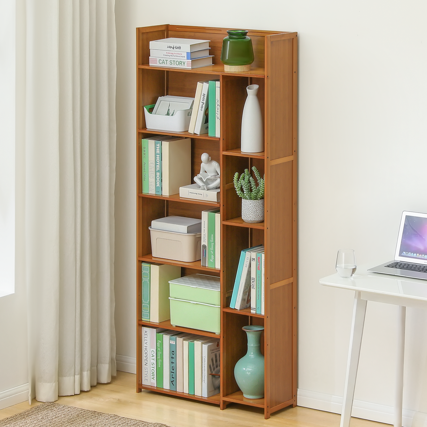 Multi-Functional Storage Organizer Shelf - Open Top - with Compartment Panel - 6 Tier - Brown