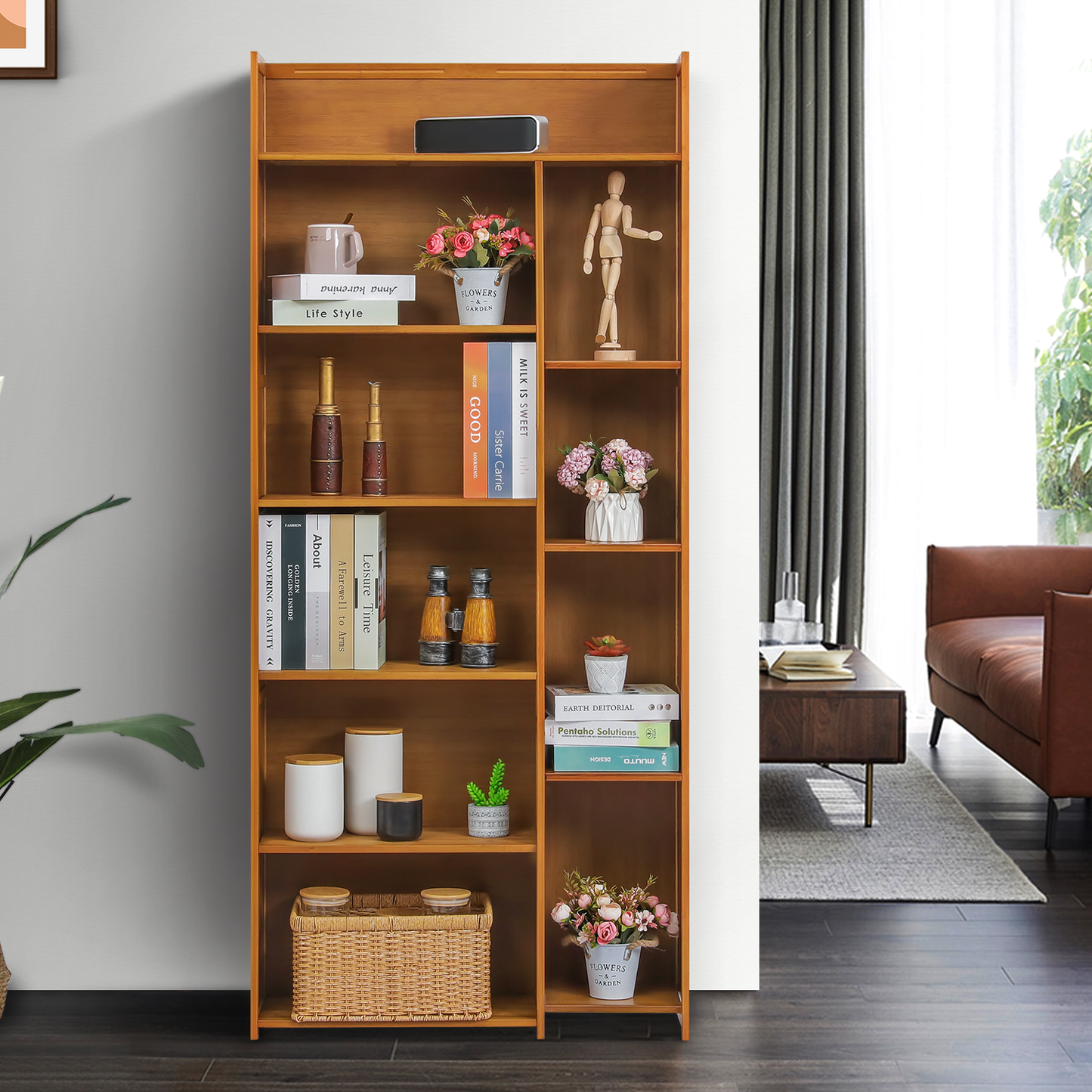 Multi-Functional Storage Organizer Shelf - Open Top - with Compartment Panel - 6 Tier - Brown