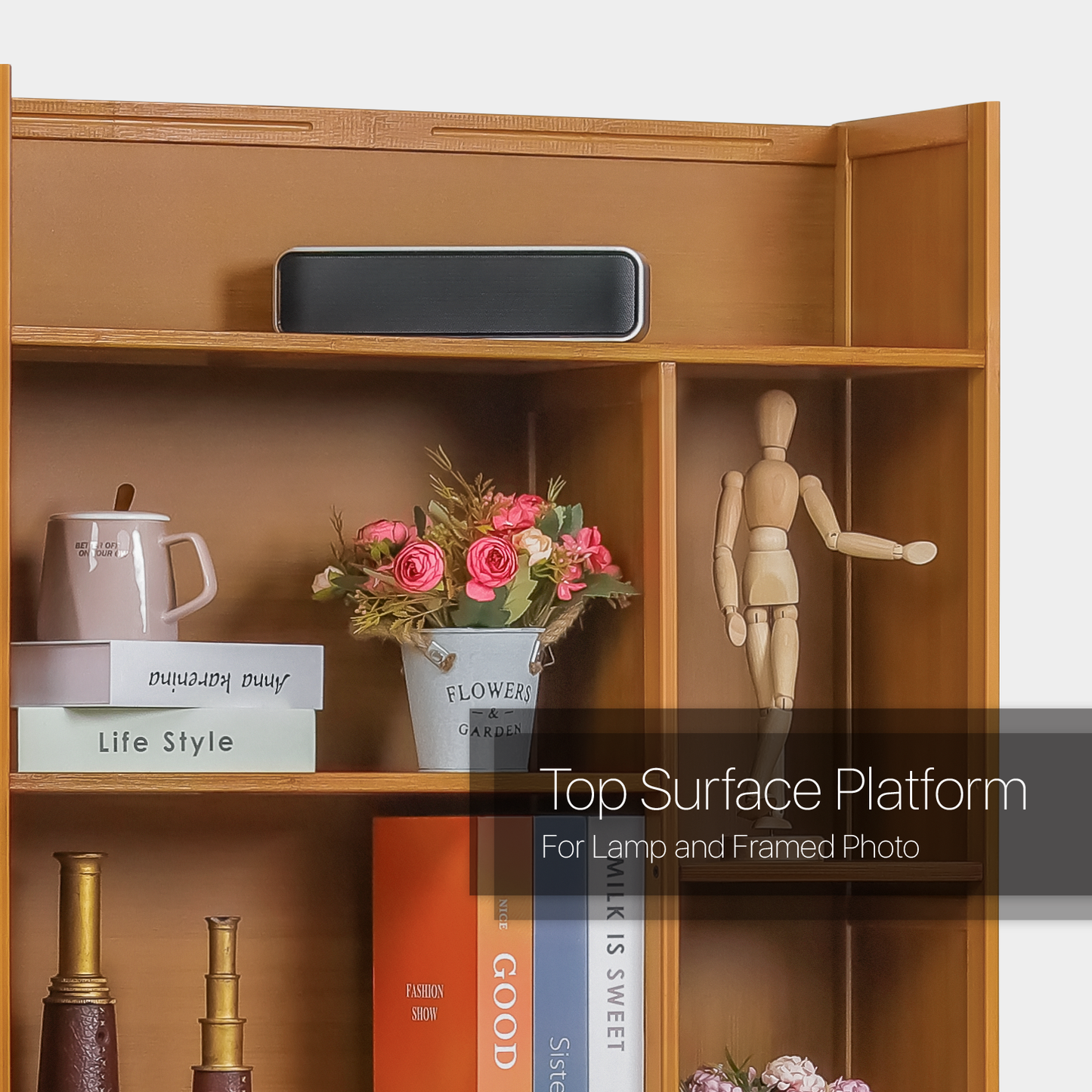 Multi-Functional Storage Organizer Shelf - Open Top - with Compartment Panel - 6 Tier - Brown