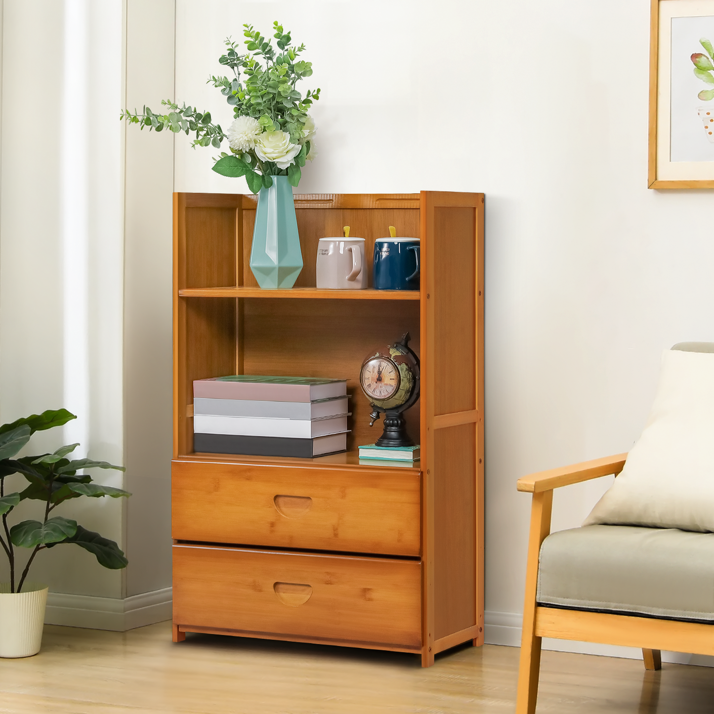 Multi-Functional Storage Organizer Shelf - Open Top - with Drawer - 20" - Brown
