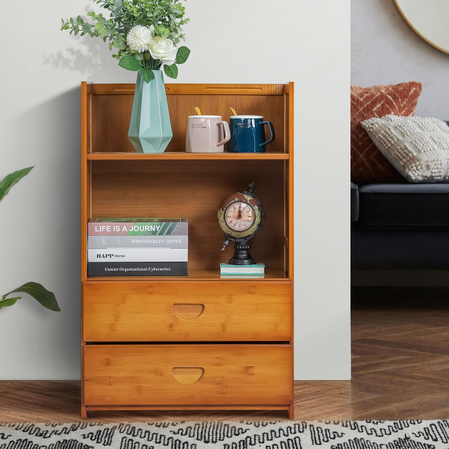 Multi-Functional Storage Organizer Shelf - Open Top - with Drawer - 20" - Brown