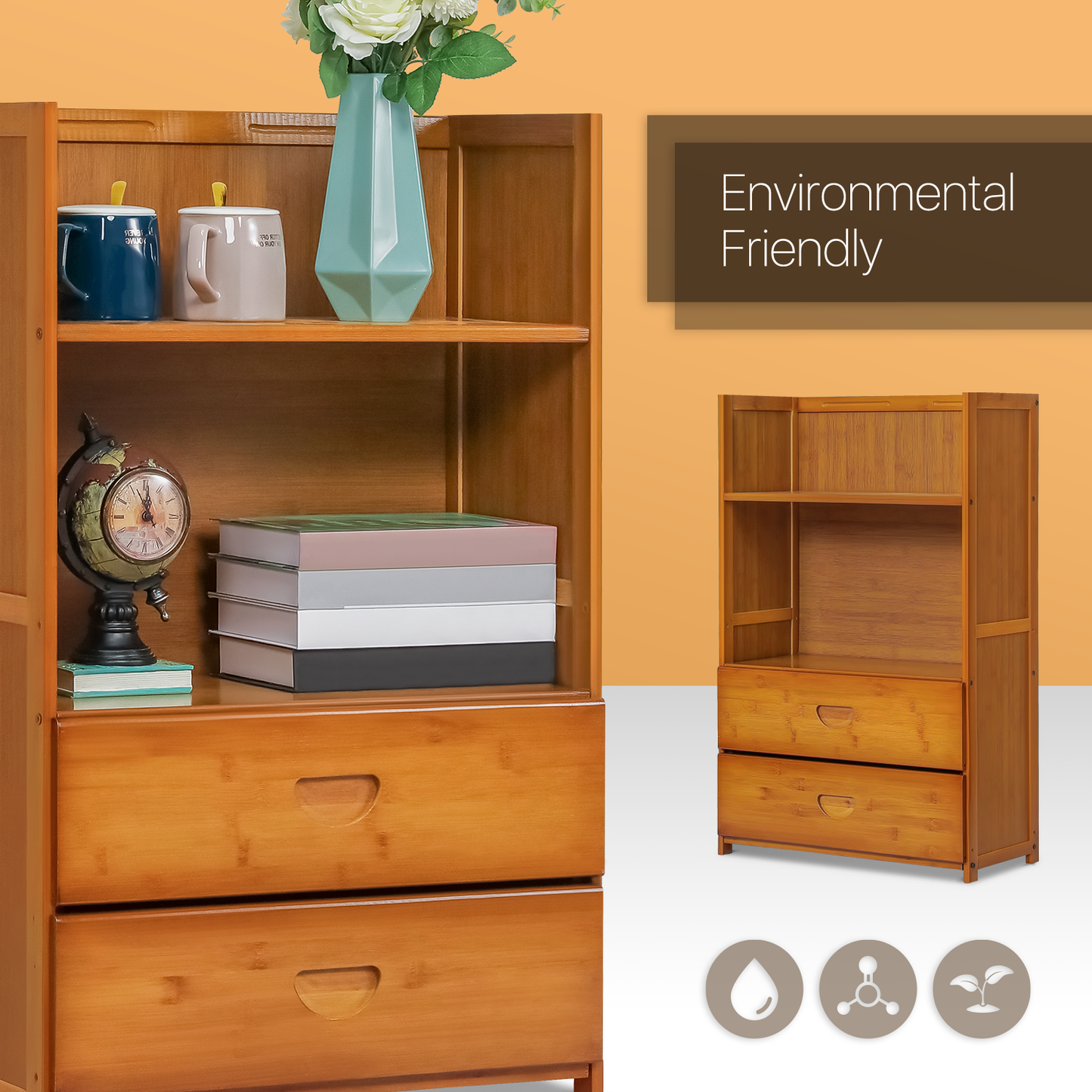 Multi-Functional Storage Organizer Shelf - Open Top - with Drawer - 20" - Brown