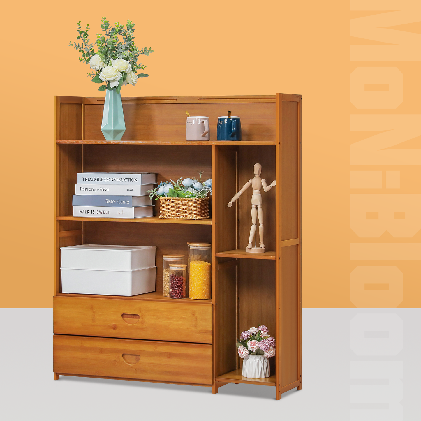 Multi-Functional Storage Organizer Shelf - Open Top - with Compartment Panel & Drawer - 4 Tier - Brown