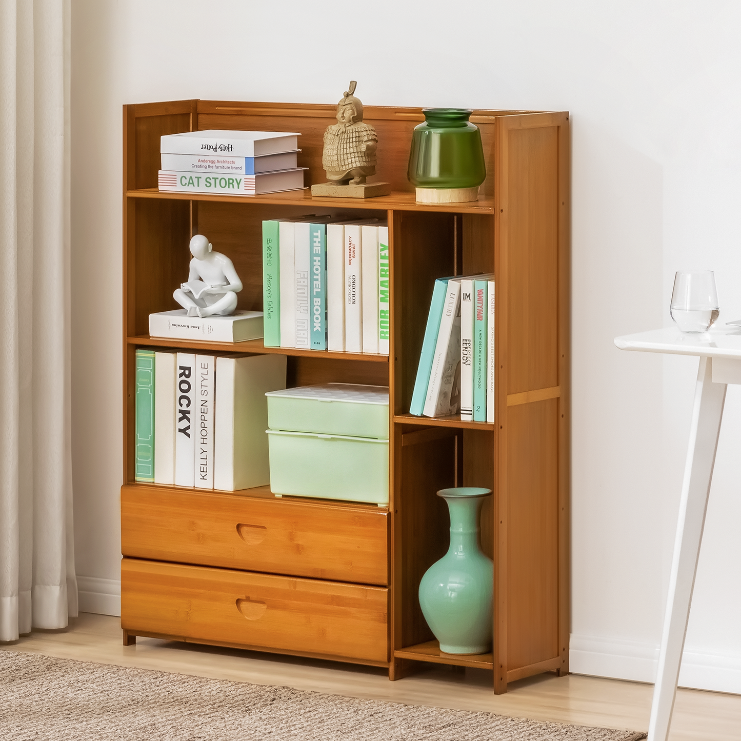 Multi-Functional Storage Organizer Shelf - Open Top - with Compartment Panel & Drawer - 4 Tier - Brown