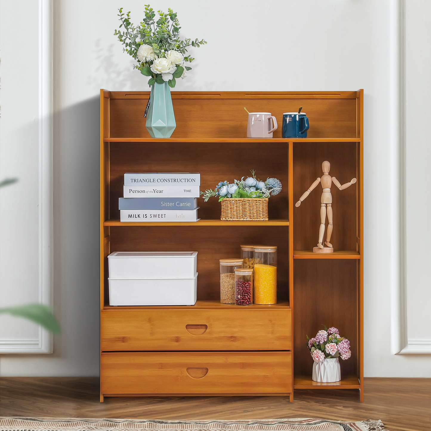 Multi-Functional Storage Organizer Shelf - Open Top - with Compartment Panel & Drawer - 4 Tier - Brown