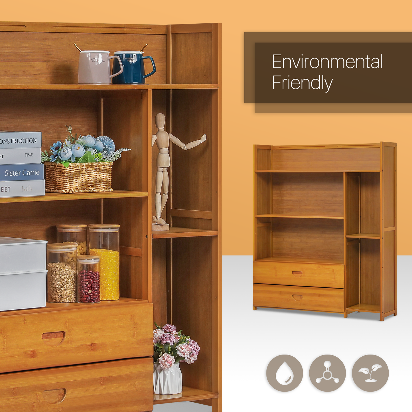 Multi-Functional Storage Organizer Shelf - Open Top - with Compartment Panel & Drawer - 4 Tier - Brown