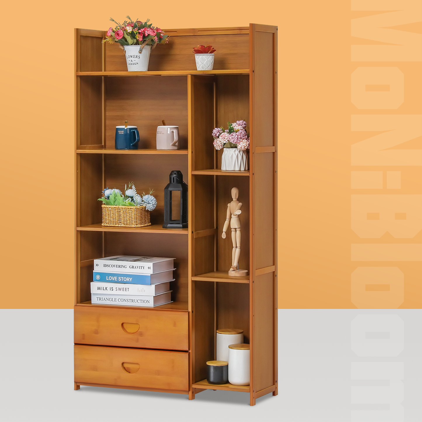 Multi-Functional Storage Organizer Shelf - Open Top - with Compartment Panel & Drawer - 5 Tier - Brown