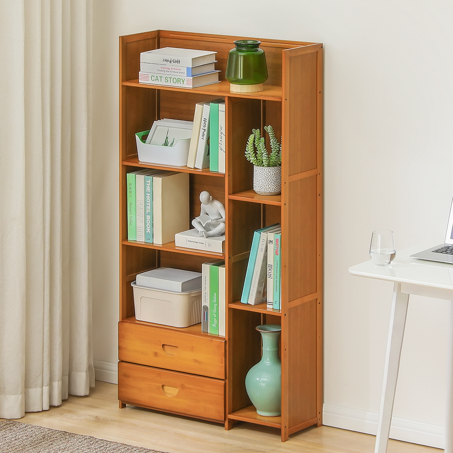 Multi-Functional Storage Organizer Shelf - Open Top - with Compartment Panel & Drawer - 5 Tier - Brown