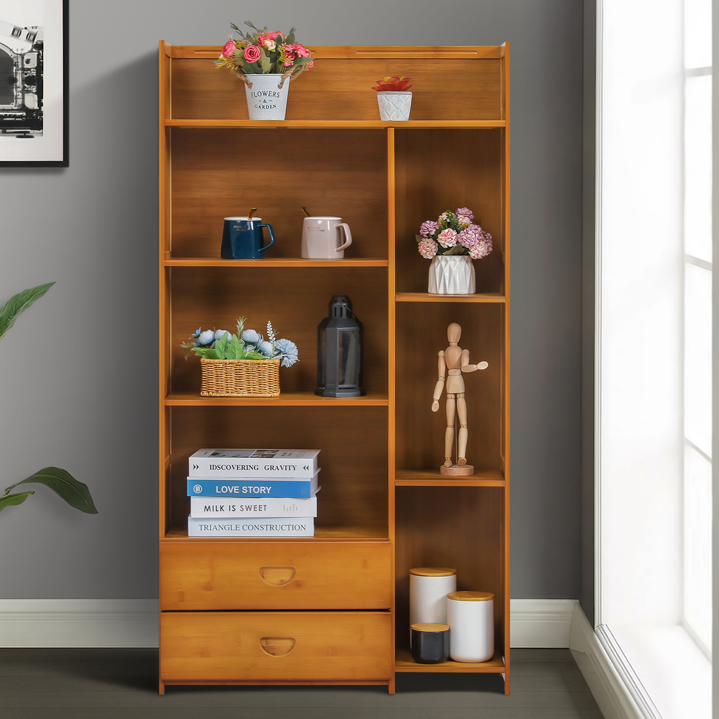 Multi-Functional Storage Organizer Shelf - Open Top - with Compartment Panel & Drawer - 5 Tier - Brown