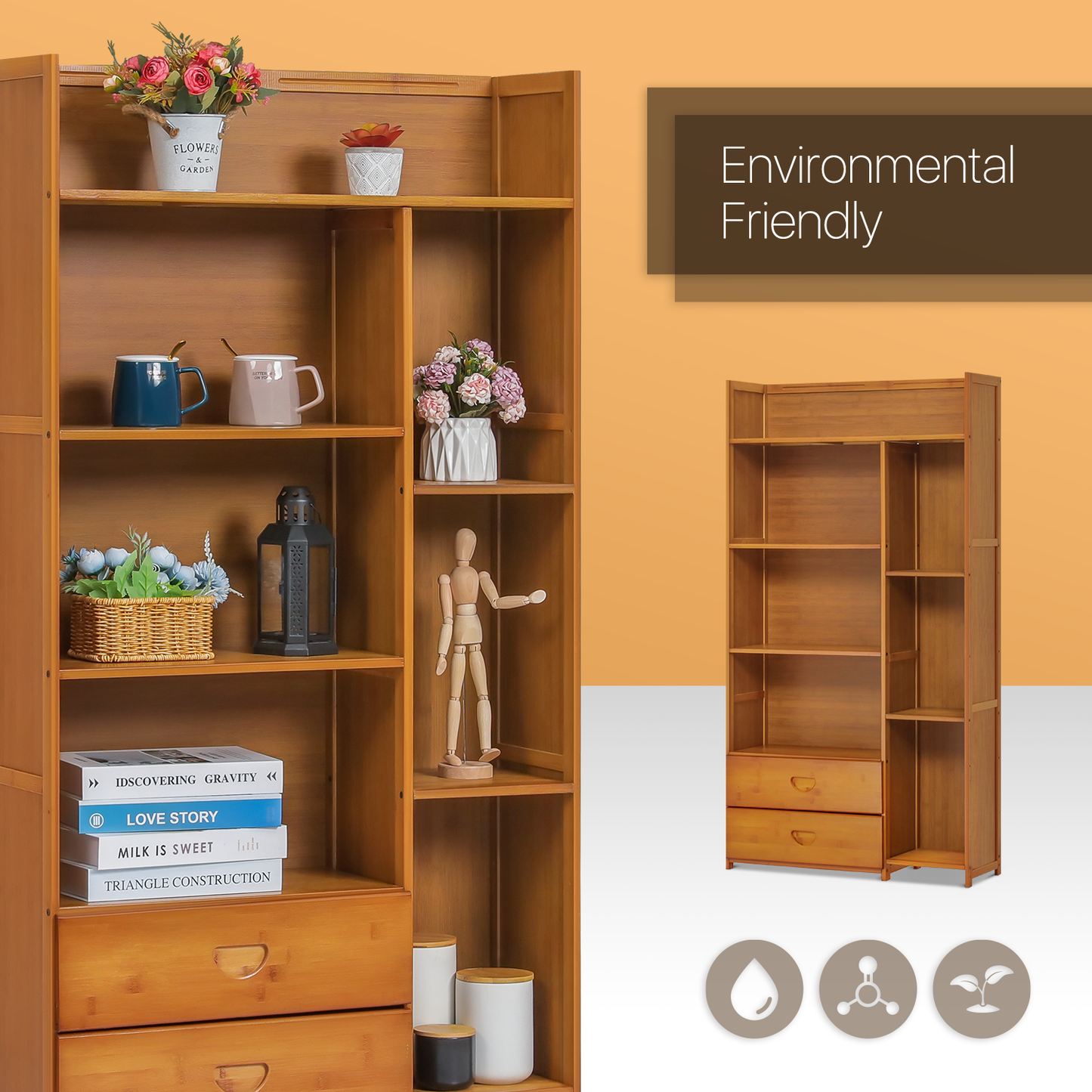 Multi-Functional Storage Organizer Shelf - Open Top - with Compartment Panel & Drawer - 5 Tier - Brown