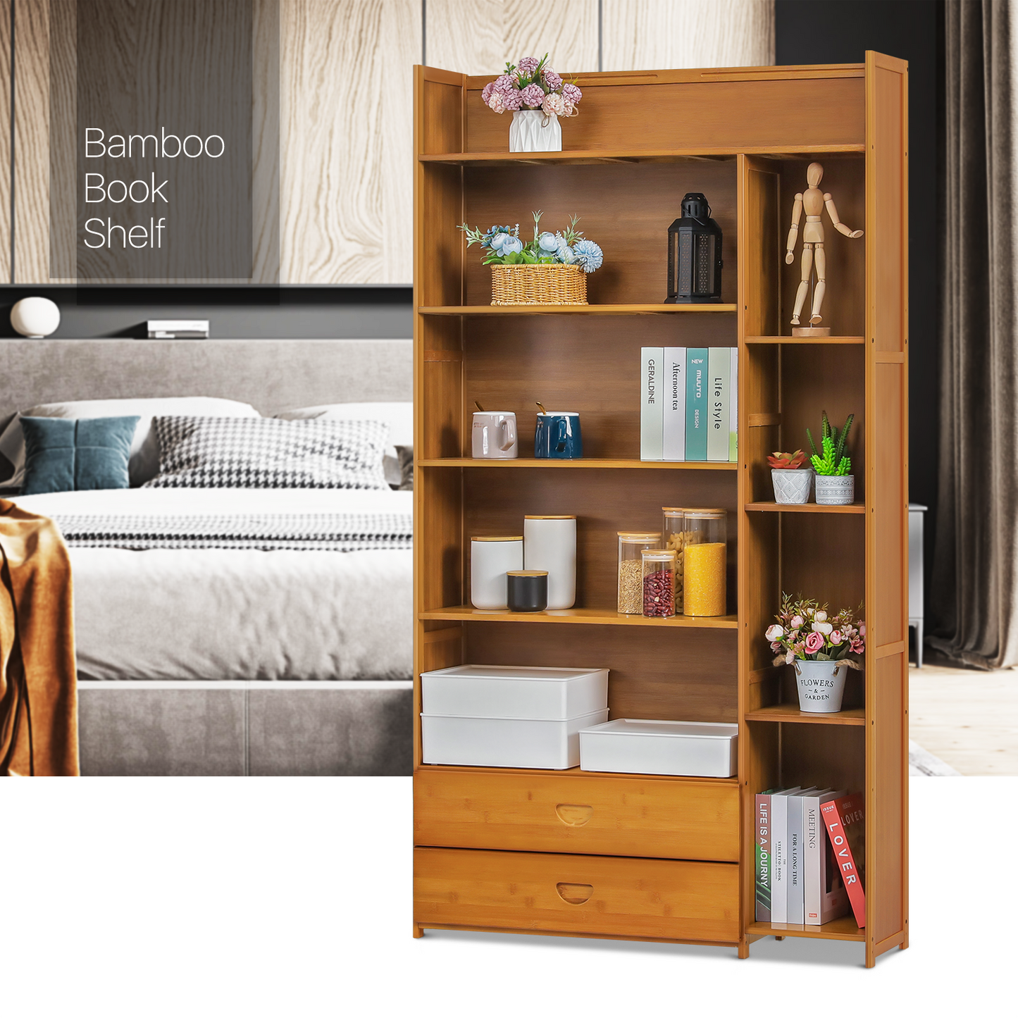 Multi-Functional Storage Organizer Shelf - Open Top - with Compartment Panel & Drawer - 6 Tier - Brown