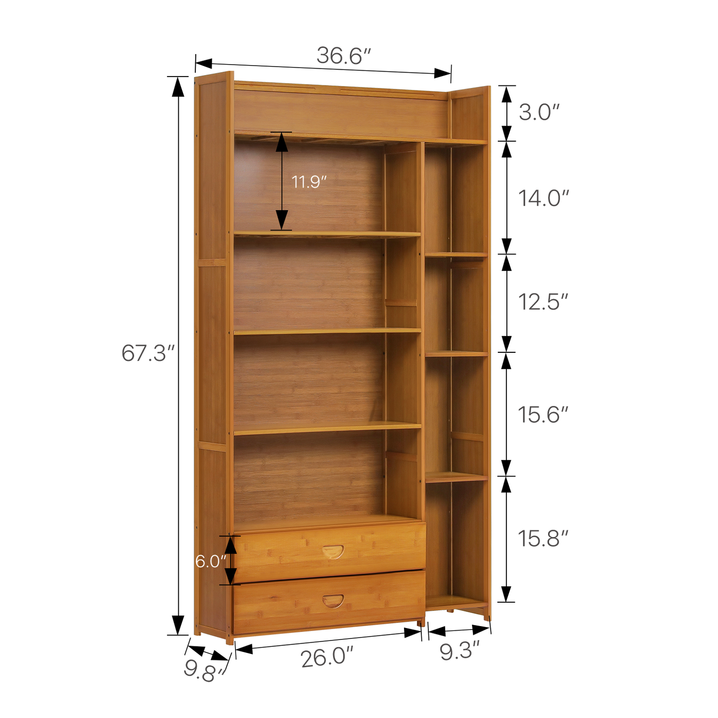 Multi-Functional Storage Organizer Shelf - Open Top - with Compartment Panel & Drawer - 6 Tier - Brown