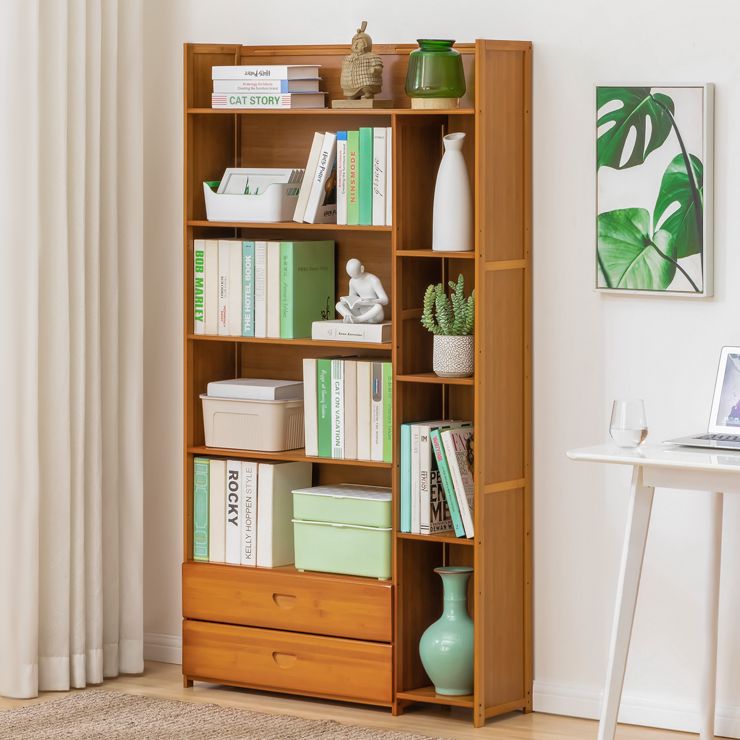 Multi-Functional Storage Organizer Shelf - Open Top - with Compartment Panel & Drawer - 6 Tier - Brown