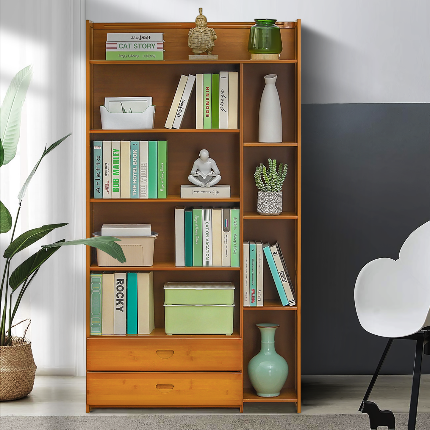 Multi-Functional Storage Organizer Shelf - Open Top - with Compartment Panel & Drawer - 6 Tier - Brown