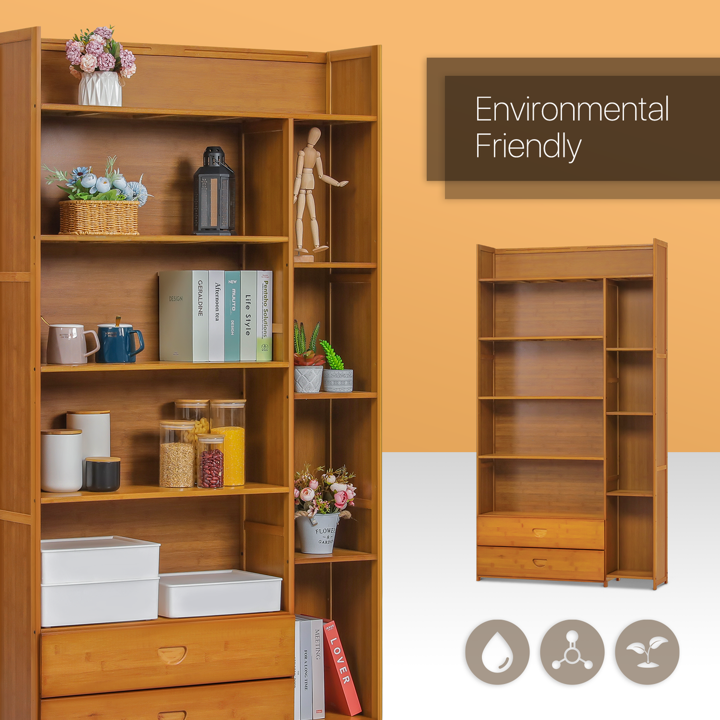 Multi-Functional Storage Organizer Shelf - Open Top - with Compartment Panel & Drawer - 6 Tier - Brown