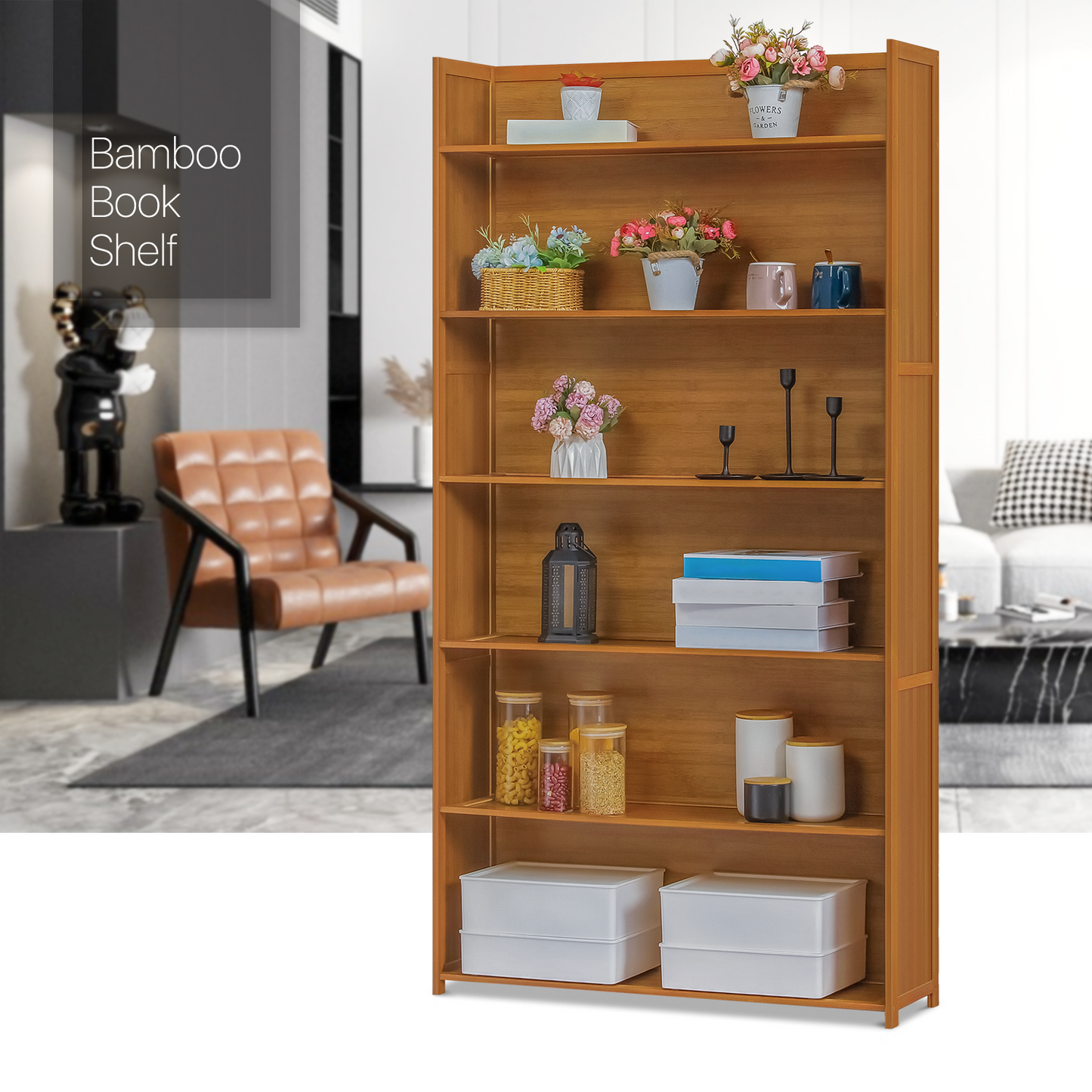 Simplified Multi-Functional Bookshelf - Open Top - 6 Tier - Brown