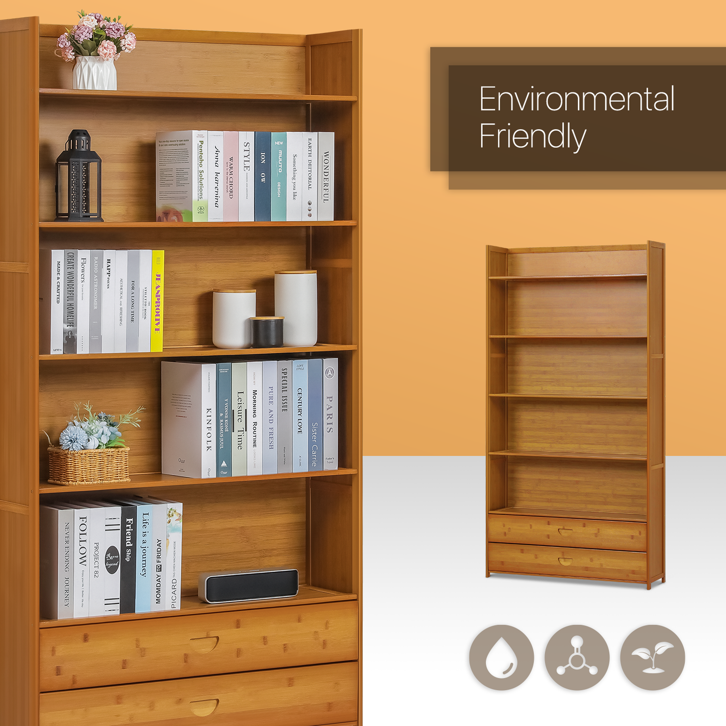 Simplified Multi-Functional Bookshelf - Open Top - with Drawer - 6 Tier - Brown
