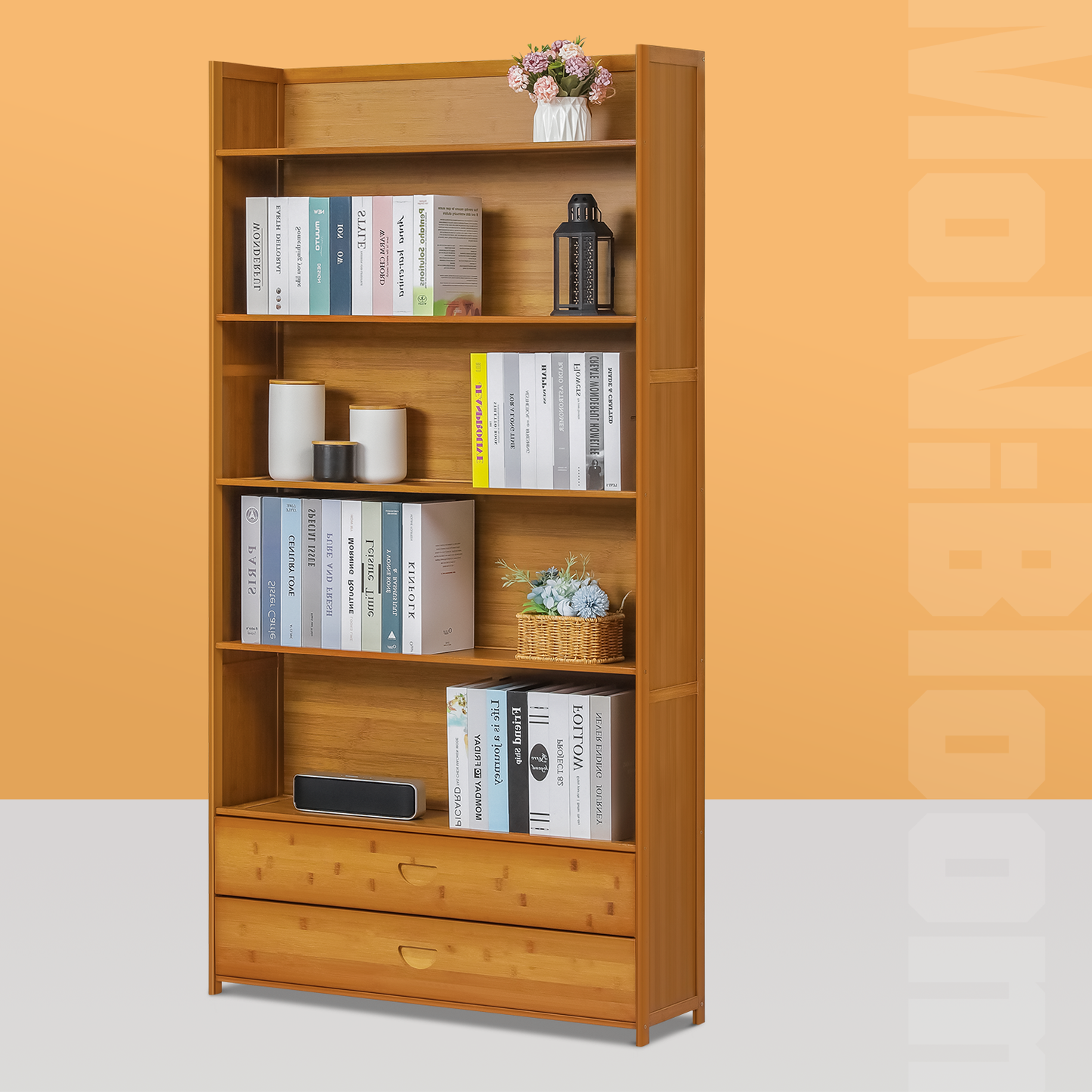 Simplified Multi-Functional Bookshelf - Open Top - with Drawer - 6 Tier - Brown
