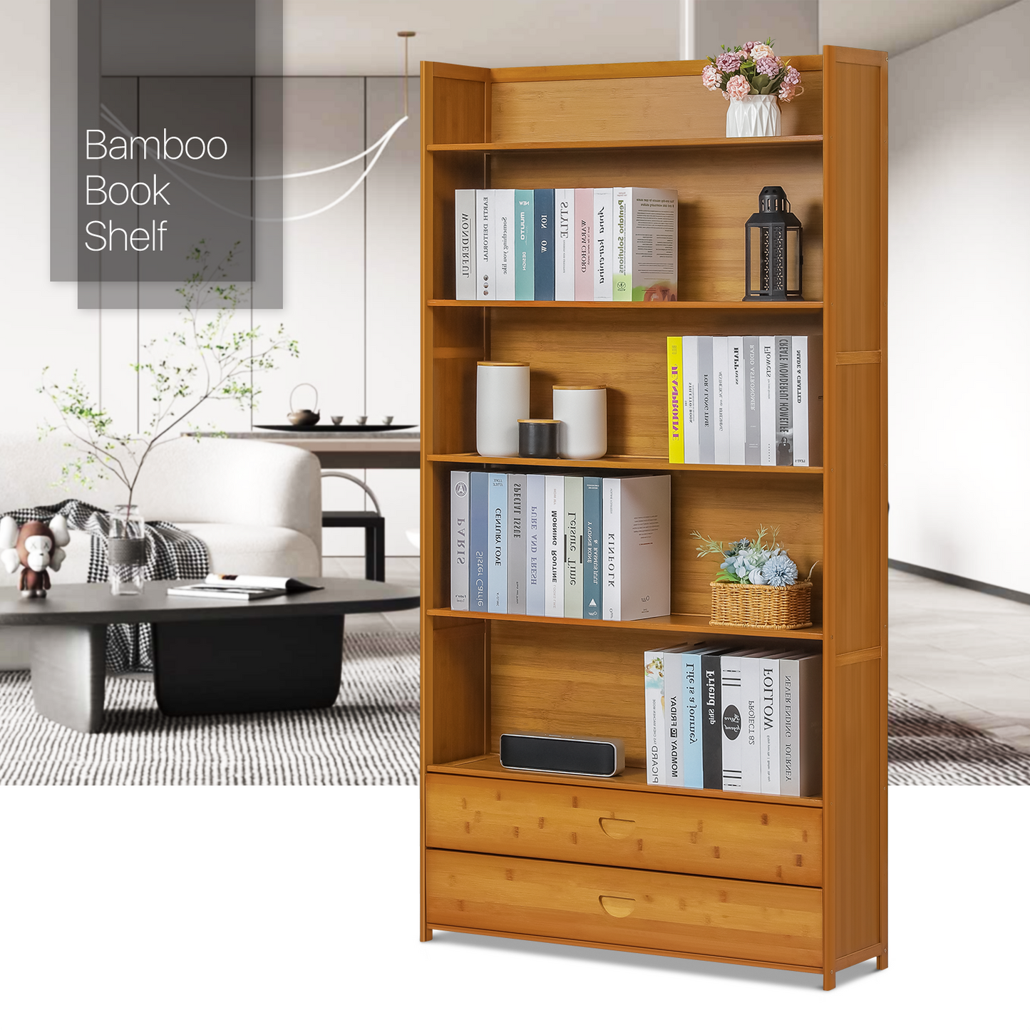 Simplified Multi-Functional Bookshelf - Open Top - with Drawer - 6 Tier - Brown