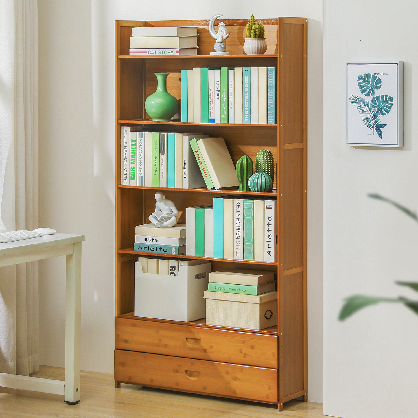 Simplified Multi-Functional Bookshelf - Open Top - with Drawer - 6 Tier - Brown