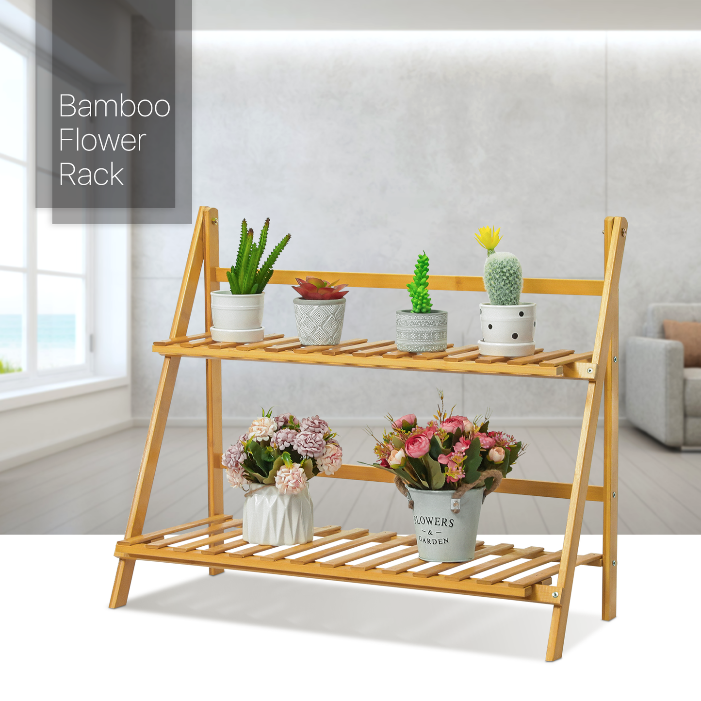 Foldable Flower Plant Rack - A Frame Stand Shelf - 2 Tier - Natural